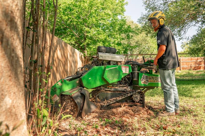 An operator guiding a tracked stump grinder along a fence line.